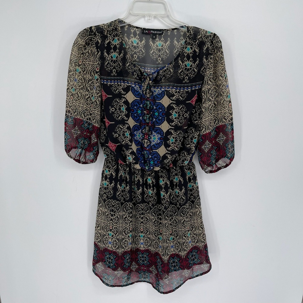 LA FRESH Women's Multicolor Boho Medallion Print Chiffon Mini Boho Dress Size S